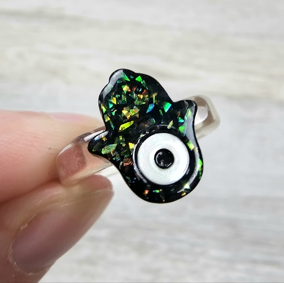 Jewelry - Hamsa Evil Eye Sparkle Ring Black Y2K